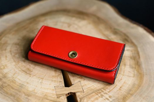 hand made red leather wallet . Leather craft.