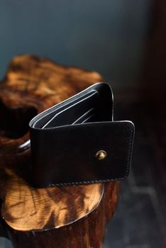 hand made leather wallet . Leather craft. Selective focus.