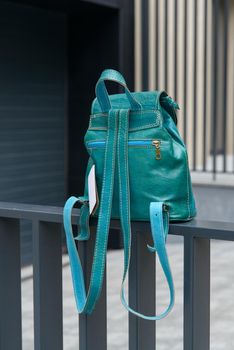 Tiffany leather backpack on the metal fence.