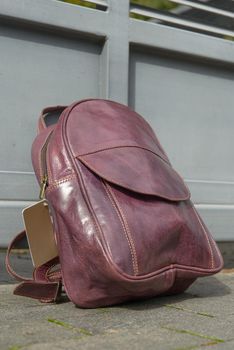 burgundy leather backpack on the metal fence.