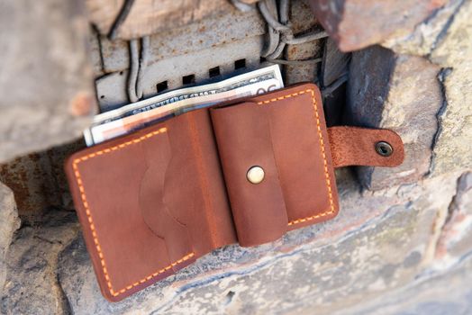 hand made leather wallet . Leather craft. Selective focus.