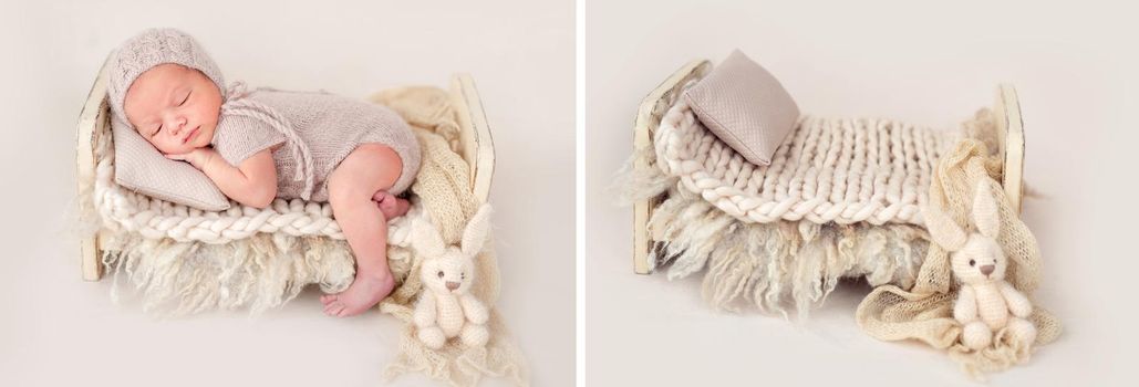 Tiny bed with newborn baby girl and empty collage. Mix of studio decoration furniture for infant photoshoot
