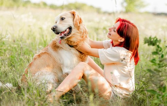 Teen girl with red hair hugging golden retriever dog sitting on the ground at the nature. Pretty young female petting doggy pet in the sunny field