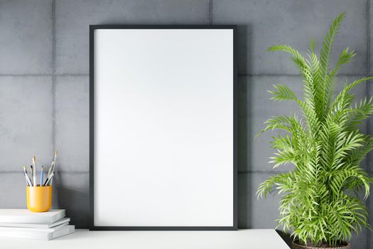 Blank empty picture frame mockup on gray cement wall for a poster. Modern living room design. 3D illustrations.