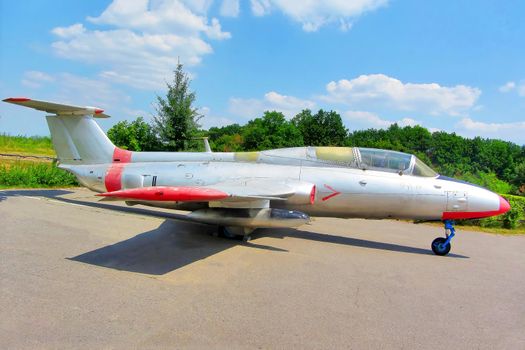 Training airplane jet Aero L-29 Delfin produced in Czechoslovakia exhibited in the second world war museum. Kharkiv, Ukraine - August 21. 2021 - on image