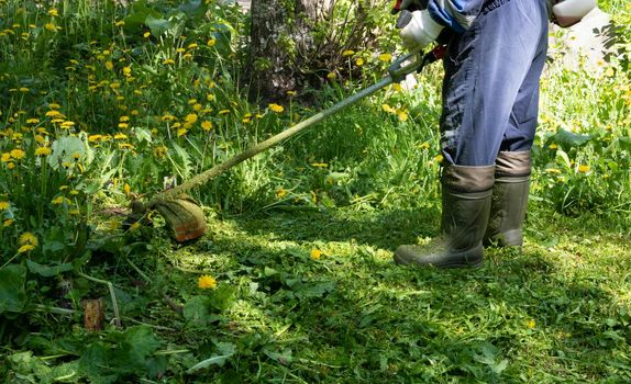 Man mows grass with a gasoline scythe.