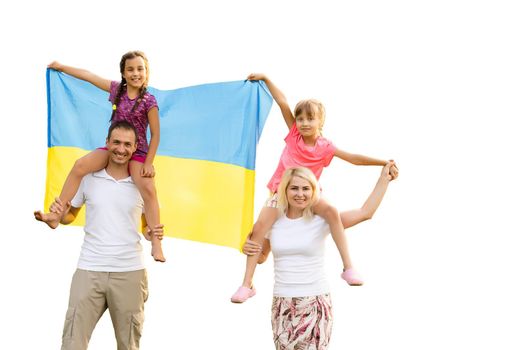 Happy family with national flag of Ukraine on a white background.