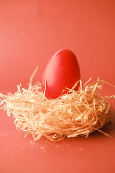 easter concept with red color egg on color background .
