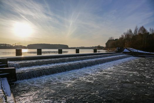 river dam. Dam water release,