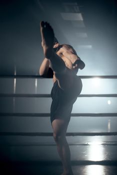 Muscular MMA fighter practicing kick, fight club concept. High quality photo