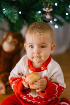 Cute toddler in a knitted Christmas costume is holding an apple in front of a Christmas tree. High quality photo