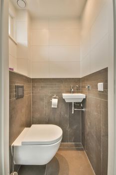 Hinged toilet with ceramic sink in a modern cozy house