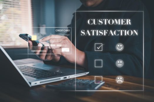 Customer Survey Feedback and Satisfaction Service Concept. Woman's Hands is Choosing Rate of Satisfaction Evaluation for Customers Service. Product Questionnaire for Customer Satisfied Feedback.