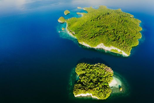 High angle shot of beautiful green islands in the ocean.