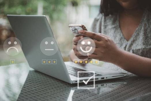 Client User Assessment Satisfaction Feedback Ranking on Smartphone. Evaluation Researching of Business Performance With Trust Score and Quality from Clients. Survey Feedback of Customer Satisfaction.