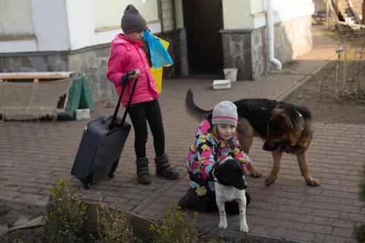 two little girls with the flag of ukraine, suitcase, dogs. Ukraine war migration. Collection of things in a suitcase. Flag of Ukraine, help. Krizin, military conflict