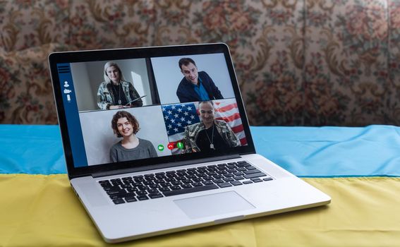 Online Digital Media Support For Ukraine. Freedom And Patriotism Concept. laptop family.