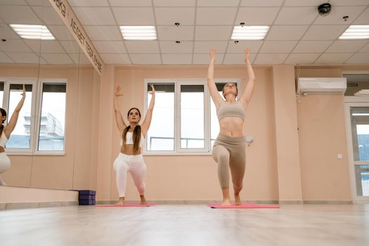 Two beautiful women do yoga, sports in the gym. The concept of grace and beauty of the body