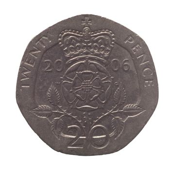 twenty pence coin reverse side, currency of the United Kingdom isolated over white background