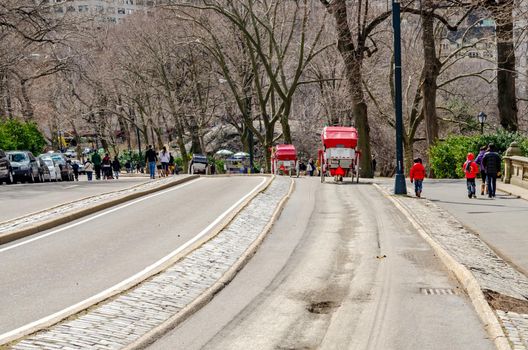 Tourists using horse carriage in Central Park New York during winter for transportation, rear view, red carriages, people walking on the sidewalk horizontal