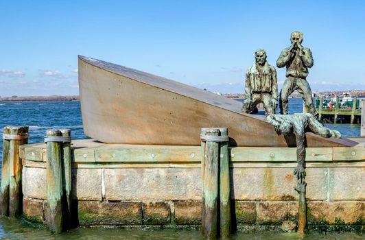 American Merchant Mariners' Memorial close-up at Hudson River, New York City during winter day with clear sky, horizontal