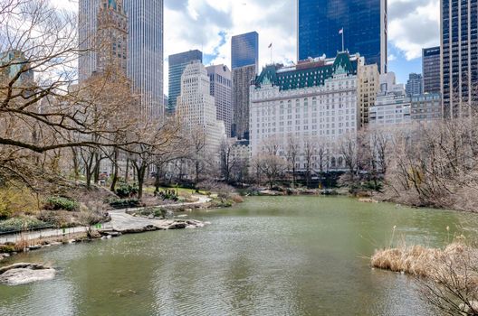 The Pond at Central Park Lake during winter with The Plaza Hotel in Background during daytime, water and trees in forefront, horizontal