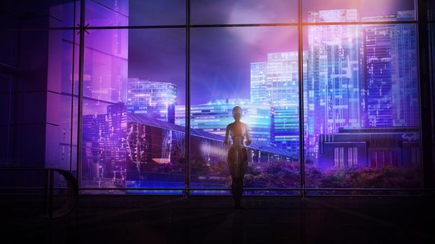 In an empty room, a robot stands in front of a window overlooking the night city. 3D render.
