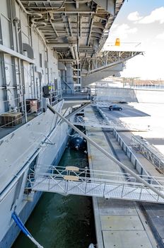 Intrepid Sea-Air-Space Museum, Right Bottom of the ship, New York City during sunny winter day, vertical