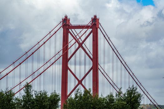 High section of red suspension bridge