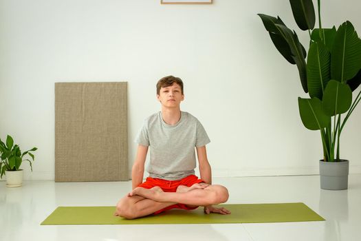 A teen boys sit in the lotus position, in a bright room with green plants. Copy space