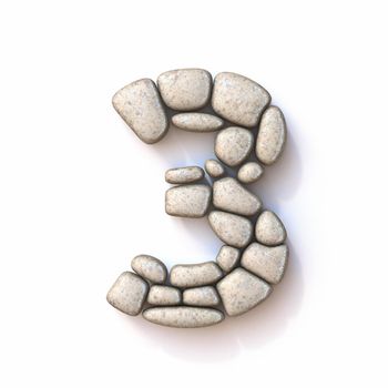 Pebble font Number 3 THREE 3D rendering illustration isolated on white background