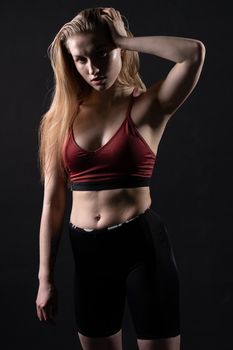 Keeps head his breasts fitness sports body, for female lifestyle for training from trainer dumbbell, beautiful slim. Sweat model bodybuilder, muscular energy