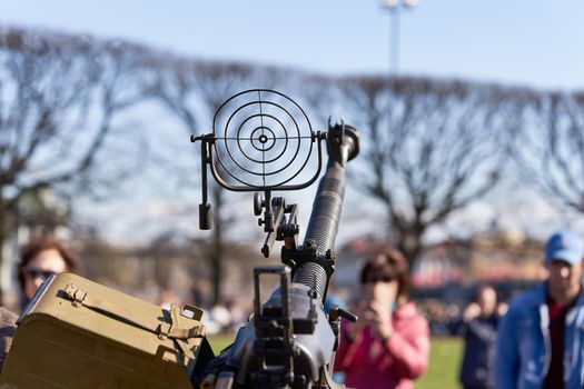 St. Petersburg, Russia - May 09, 2021: Anti-aircraft machine gun at the Victory Day holiday on the streets of St. Petersburg