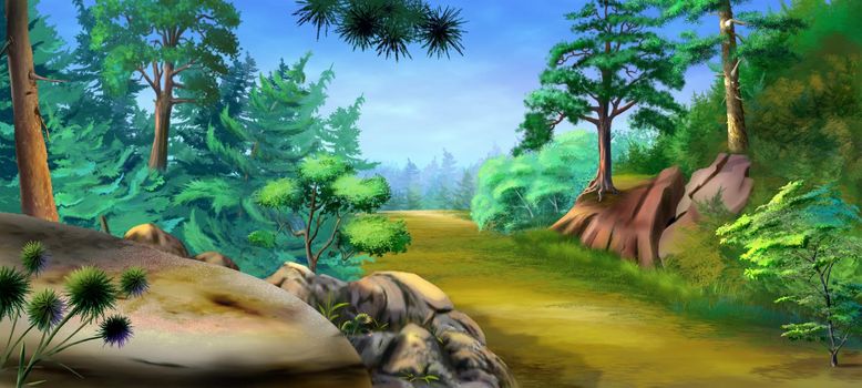 Wide path in the forest on a summer day. Digital Painting Background, Illustration.