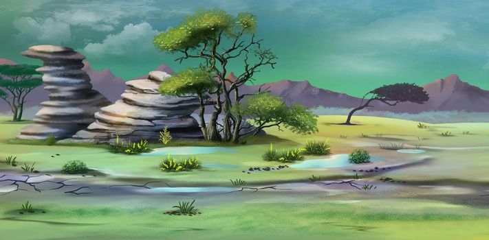 African savannah wildlife after a tropical rainstorm. Digital Painting Background, Illustration.