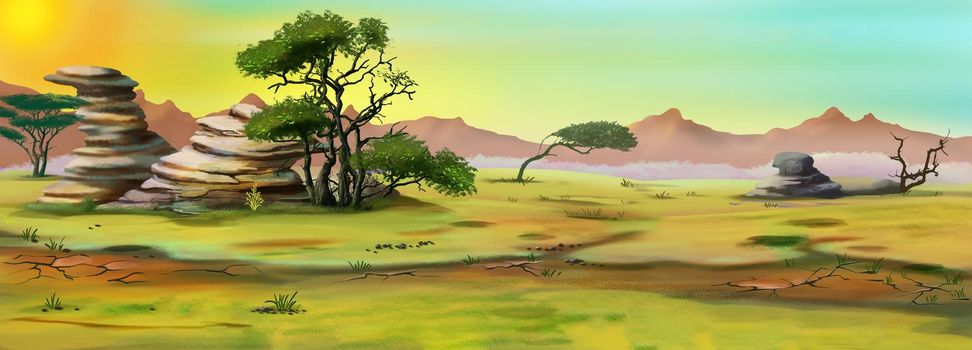 Desert landscape of the African savannah in the early morning. Digital Painting Background, Illustration.