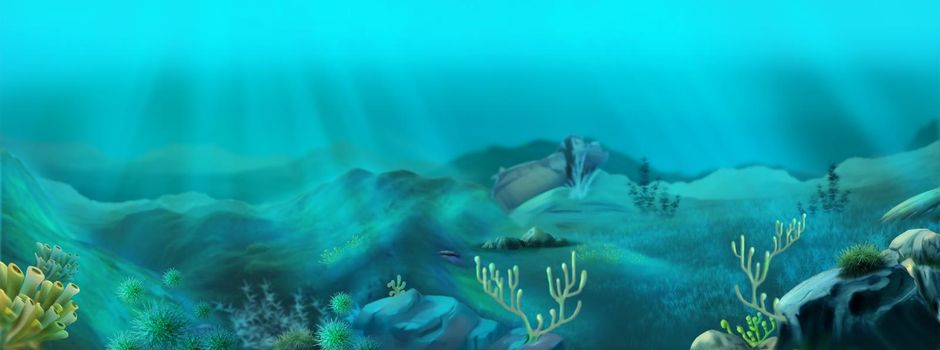 Underwater landscape in the deep sea. Digital Painting Background, Illustration.