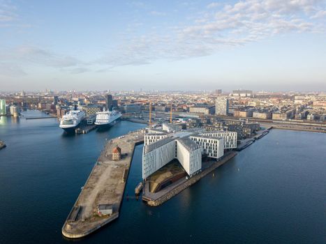 Copenhagen, Denmark - April 07, 2020: Aerial drone view of the UN City builing