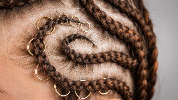 Close-up of braids on the head of a caucasian woman