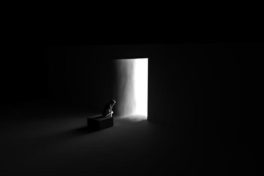 woman silhouette sitting front of a lighting door 3d illustration 