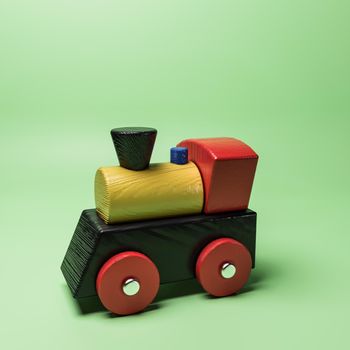 wooden train isolated on green background 3d illustration 