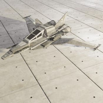 spaceship fighter toy on concrete floor 3d illustration