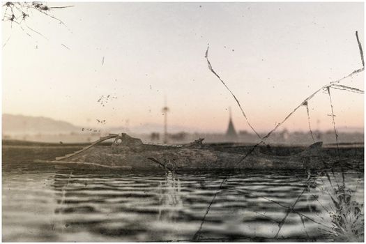 3d illustration of  an old submarine behind a broken glass