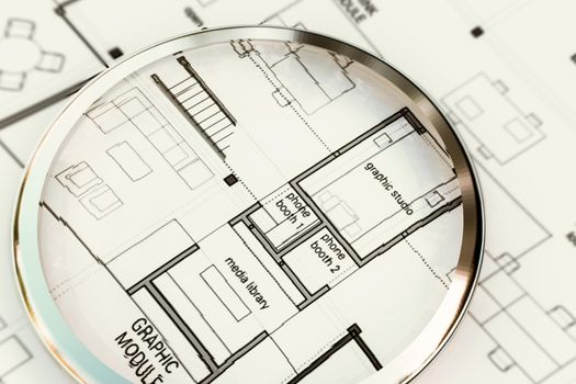 3d illustration of a magnifier on an architectural plan