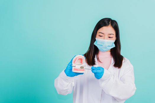 Asian beautiful woman dentist holding professional tool and pointing model teeth denture, female doctor checking denture isolated on blue background. Dental hygiene surgery health care concept