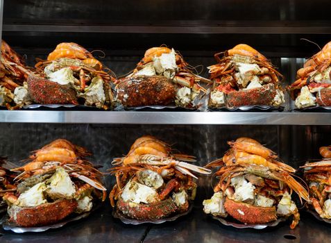 Front view of many seafood platter prepared to be served