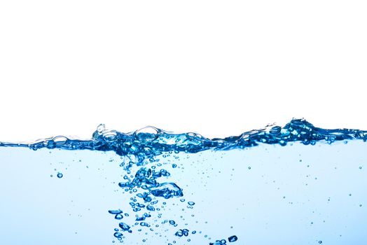 Light blue water wave with air bubbles and a little bit splashed underwater, studio shot isolated on white background. The abstract clean surface on liquid