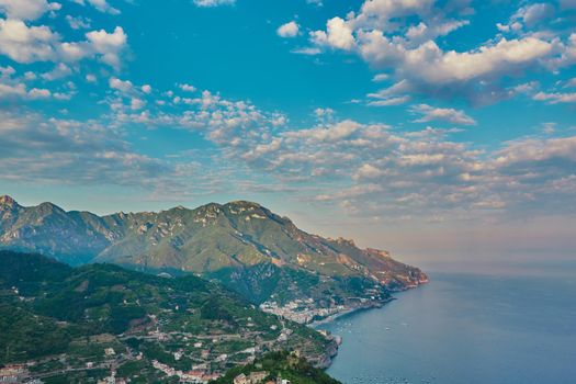 High angle view of Minori and Maiori, Amalfi coast, Italy.