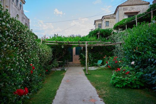 Stunning relaxation place with bench and wonderful panorama,Villa Rufolo,Ravello,Amalfi coast,Italy,Europe.
