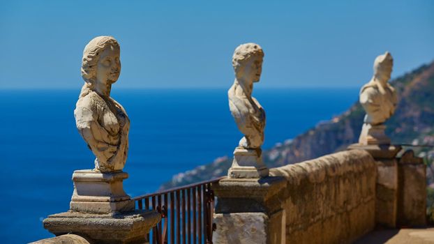 Scenic picture-postcard view of famous Amalfi Coast with Gulf of Salerno from Villa Cimbrone gardens in Ravello, Naples, Italy.